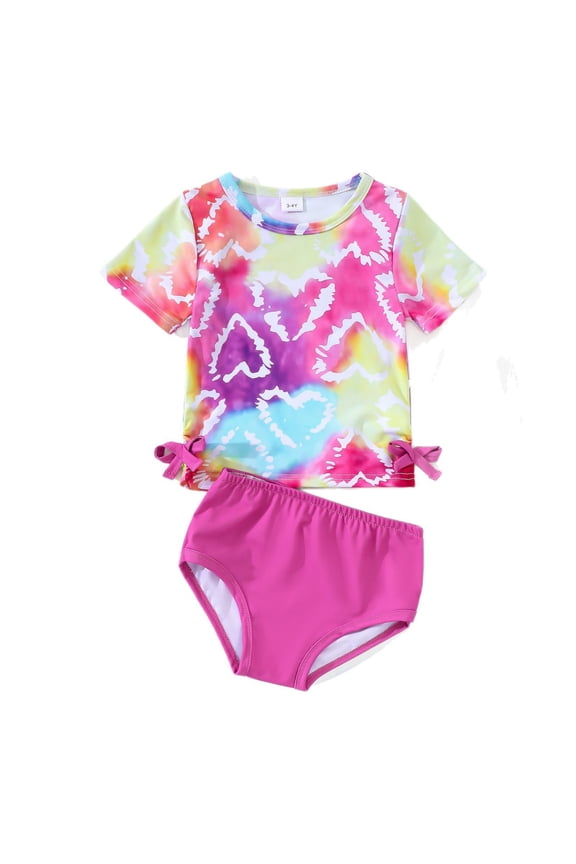 Girls Two Piece Swimsuit Tie Dye Heart Print Short Sleeve Rash Guard with Brief Bathing Suit, Sizes 4-5