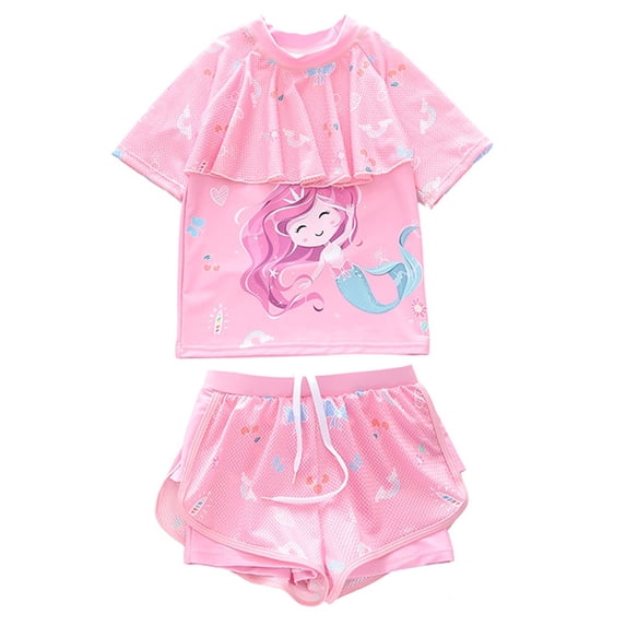 Tiijoy Girls Two Piece Swimsuit UPF 50+ Ruffle Cartoon Rash Guard and Shorts, Sizes 2-12