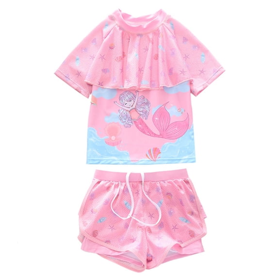 Tiijoy Girls Two Piece Swimsuit UPF 50+ Ruffle Cartoon Rash Guard and Shorts, Sizes 2-12