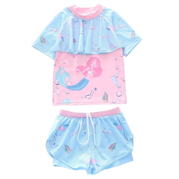 Tiijoy Girls Two Piece Swimsuit UPF 50+ Ruffle Cartoon Rash Guard and Shorts, Sizes 2-12