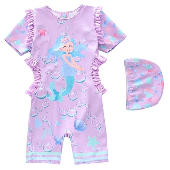 Tiijoy Girls UPF 50+ Cartoon Short Sleeve Rash Guard Swimsuit with Swim Cap, Sizes 2-12