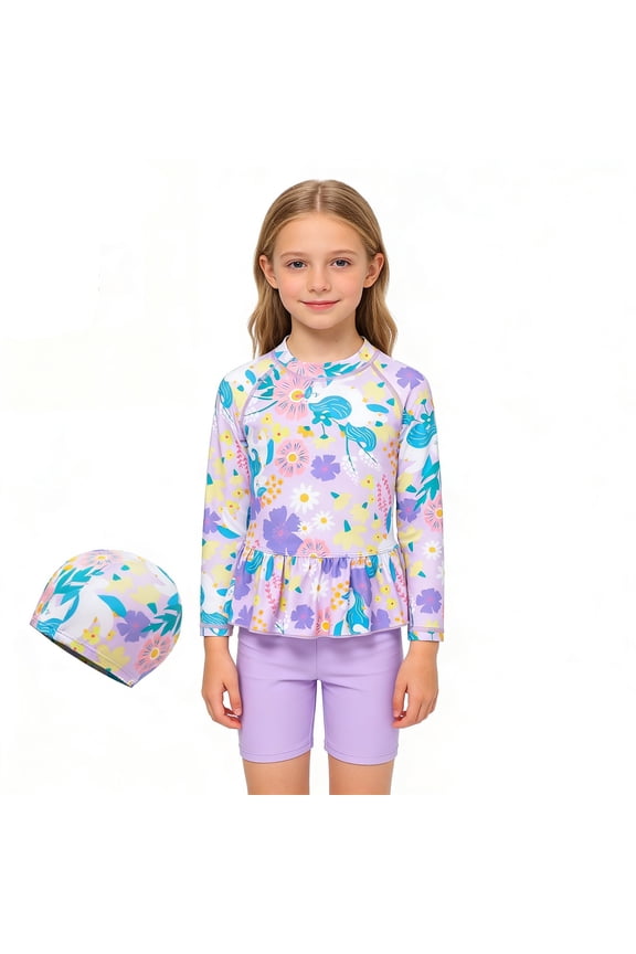 Girls UPF 50+ Long Sleeve Floral Rashguard Swim Trunks Surfing Suit 2-Piece Swimsuit with Swim Cap, Sizes 5-6