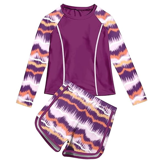 Tiijoy Girls UPF 50+ Long Sleeve Rash Guard Swim Shorts Kids 2-Piece Swimsuit, Sizes 2-9