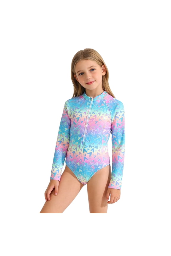 Girls UPF 50+ Long Sleeve Zipper Rash Guard Swimsuit Kids Surfing Suit, Sizes 8-13