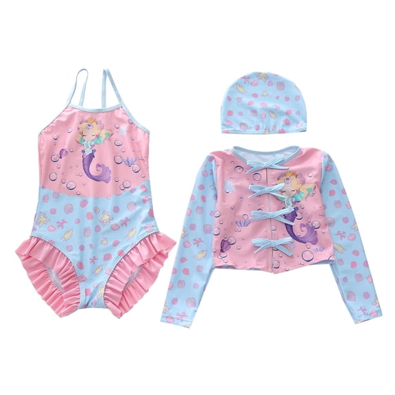Tiijoy Girls UPF50+ One-Piece Swimsuit with Long Sleeve Rash Guard Swim Cap, Sizes 2-12