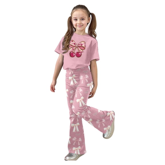 Tiijoy Girls Valentine's Day Outfits Short Sleeve Graphic Tee Flare Pants Set, Sizes 9-10