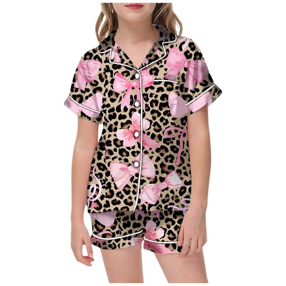 Tiijoy Girls Valentine's Day Pajamas Bow Leopard Print Short Sleeve Sleepwear, Sizes 4-5