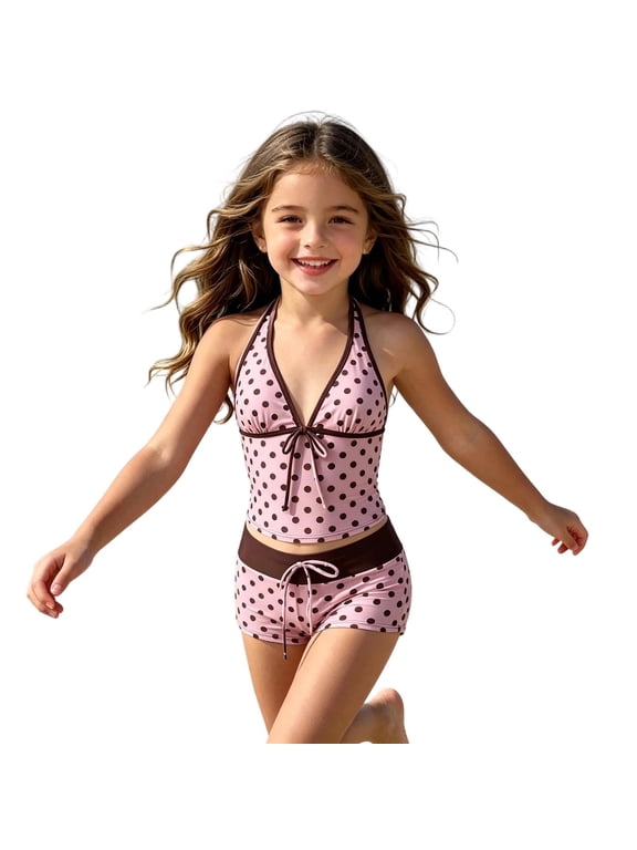 Girls Vintage Polka Dots Tankini Set Halter Swimsuit Cute Bathing Suits, Sizes 7-16