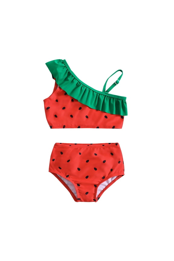 Girls Watermelon Print Ruffle Bikini Swimsuit Cute Bathing Suit, 2-Piece, Sizes 5-6