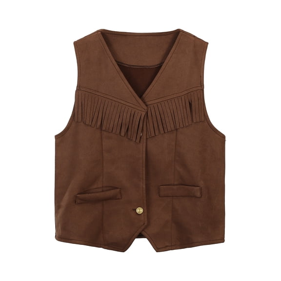 Tiijoy Girls Western Open Front Fringe Vest Cowgirl Party Waistcoat, Brown, Sizes 3-12