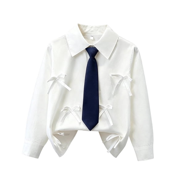 Tiijoy Girls White Shirt Bow Long Sleeve Button Down Shirt with Tie, White, Sizes 5-6