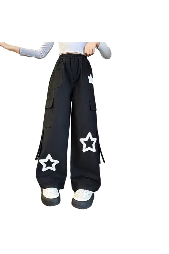 Girls Wide Leg Cargo Pants Star Print High Waisted Trousers Streetwear, Sizes 10-11, Black