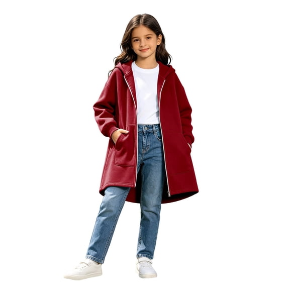 Tiijoy Girls Zip Up Long Hoodie Fall Winter Casual Outerwear Sweatshirt Jacket, Red, Sizes 4-13