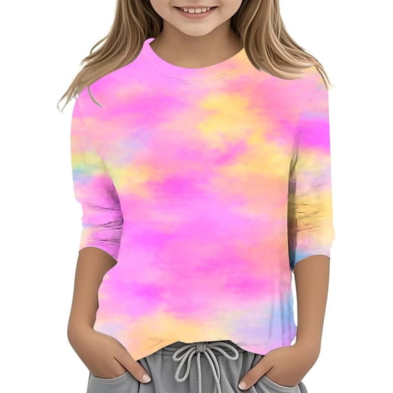 Tiijoy Girls's Tie Dye T-Shirt 3/4 Sleeve Crew Neck T-Shirt Casual Tee, Pink, Sizes 3-14