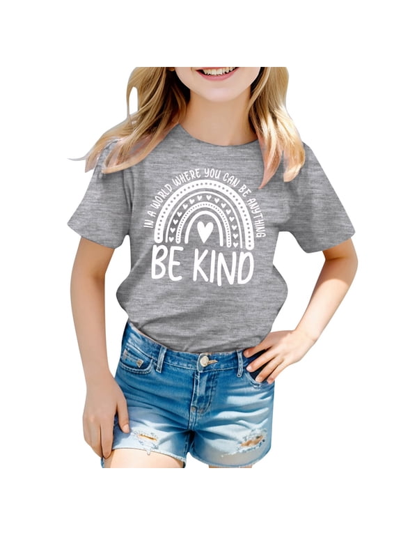 Graphic Tee for Girls "Be Kind" Theme Short Sleeve T-Shirt Casual Crew Neck T Shirt, Sizes 6-7