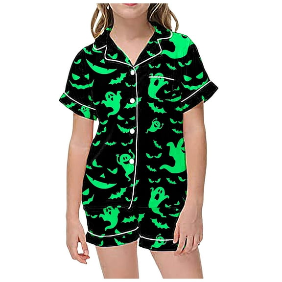 Tiijoy Halloween Pajama Set for Girl Short Sleeve Button Down Shirt Shorts, Sizes 12-13