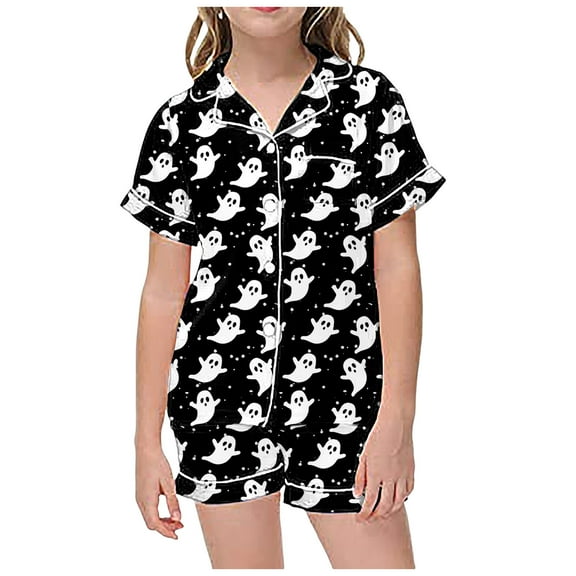 Tiijoy Halloween Pajama Set for Girl Short Sleeve Button Down Shirt Shorts, Sizes 8-9