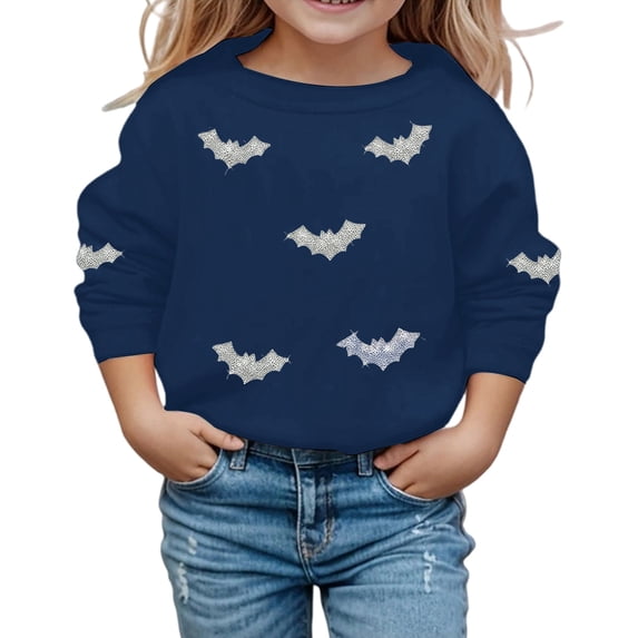Tiijoy Halloween Sweatshirts for Girls Bat Print Cozy Crewneck Pullover, Navy, Sizes 5-14