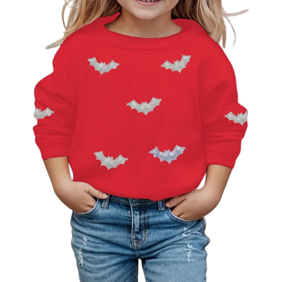 Tiijoy Halloween Sweatshirts for Girls Bat Print Cozy Crewneck Pullover, Red, Sizes 5-14