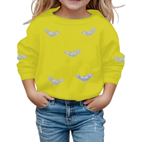Tiijoy Halloween Sweatshirts for Girls Bat Print Cozy Crewneck Pullover, Yellow, Sizes 5-14