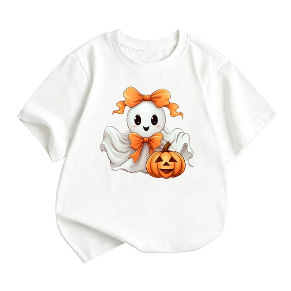 Tiijoy Halloween T-Shirt for Girls Cute Graphic Short Sleeve T Shirt, White, Sizes 7-8