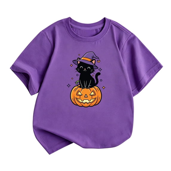 Tiijoy Halloween T Shirt for Girls Graphic Tee Short Sleeve Round Neck T-Shirt, Purple, Sizes 7-8