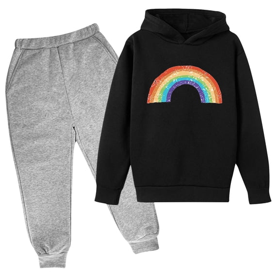 Tiijoy Hoodie Set for Girls Casual Rainbow Print Sweatshirt Sweatpants Outfits, Sizes 3-14
