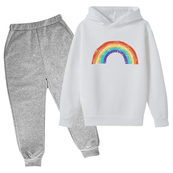 Tiijoy Hoodie Set for Girls Casual Rainbow Print Sweatshirt Sweatpants Outfits, Sizes 3-14