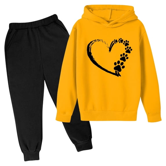Tiijoy Hoodie Set for Girls Sweatsuits Heart Print Hooded Sweatshirt Pants Set, Sizes 3-14