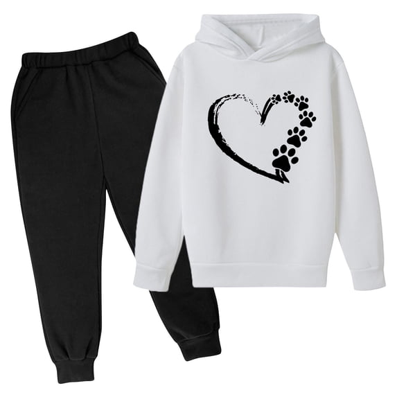 Tiijoy Hoodie Set for Girls Sweatsuits Heart Print Hooded Sweatshirt Pants Set, Sizes 3-14