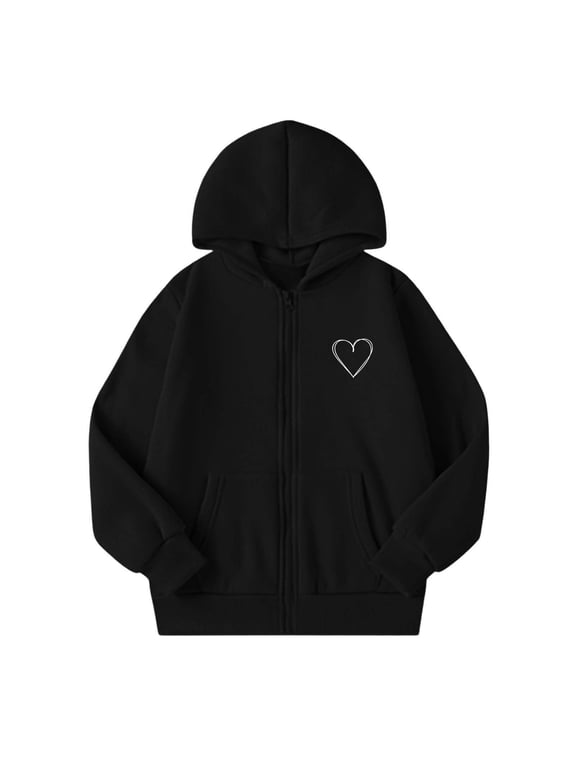 Hoodies for Girls Heart Print Fleece Zip Up Sweatshirts Jacket, Black, Sizes 5-14