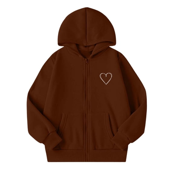 Tiijoy Hoodies for Girls Heart Print Fleece Zip Up Sweatshirts Jacket, Brown, Sizes 5-14