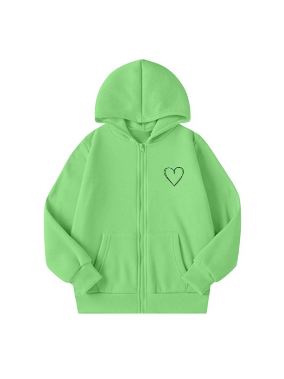 Hoodies for Girls Heart Print Fleece Zip Up Sweatshirts Jacket, Green, Sizes 5-14