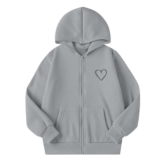 Tiijoy Hoodies for Girls Heart Print Fleece Zip Up Sweatshirts Jacket, Grey, Sizes 5-14