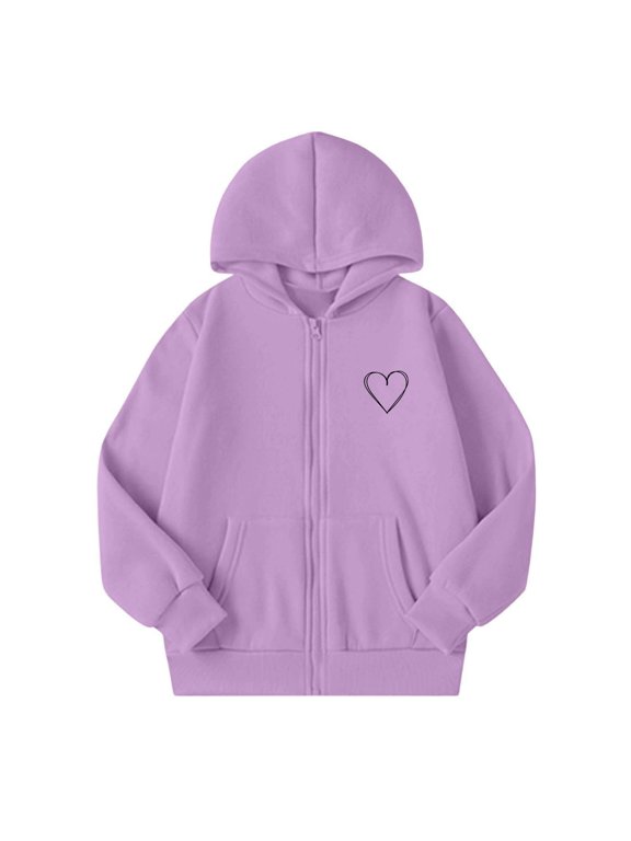 Hoodies for Girls Heart Print Fleece Zip Up Sweatshirts Jacket, Purple, Sizes 5-14