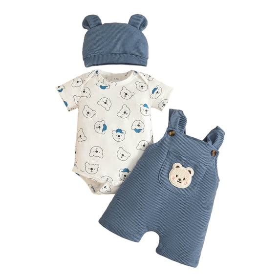 Tiijoy Boys Cartoon Bear Print Short Sleeve Romper Overalls Hat 3Pcs Set, Sizes 0-18 Months