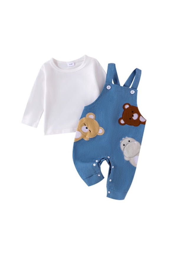 Boys Cute Bear Embroidery Sleeveless Romper with Long Sleeve Top, Sizes 12-18M