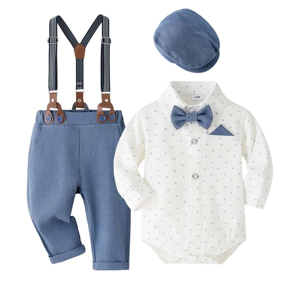 Tiijoy Infant Boys Formal Suit Long Sleeve Shirt Bodysuit Suspenders Pants Hat 3Pcs Outfits, Sizes 9-12M