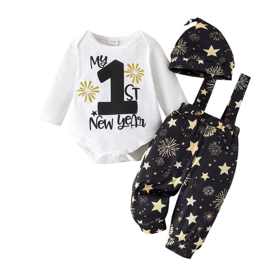 Tiijoy Boys New Year Outfits Long Sleeve Romper Overalls Hat Baby Clothes Set, Sizes 9-12M