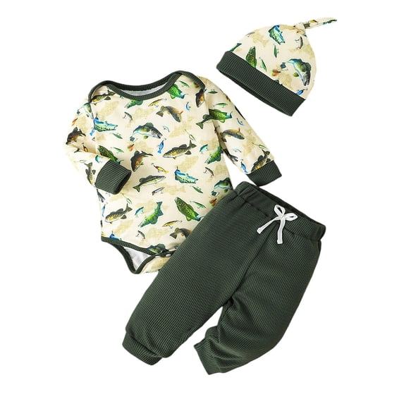 Tiijoy Boys Outfits Baby Fish Print Long Sleeve Bodysuit Pants Hat Set, Sizes 9-12M