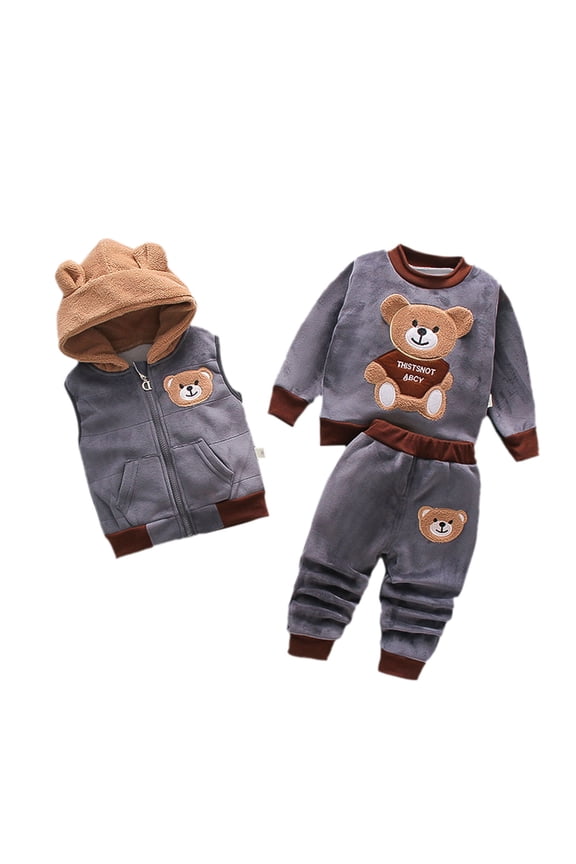 Infant Girls 3Pcs Flannel Outfits Bear Print Jacket Vest Pants Set, Sizes 12-18M