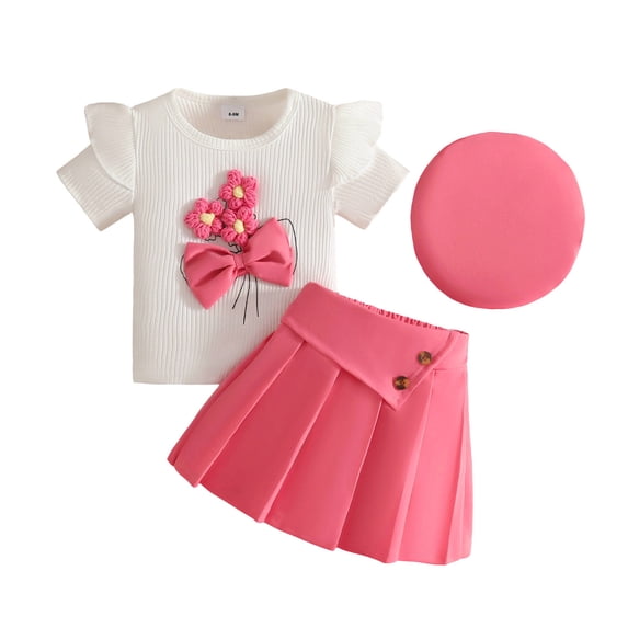 Tiijoy Infant Girls Bow Short Sleeve T-Shirt Pleated Skirt Hat 3-Piece Outfits, Sizes 6M-3T