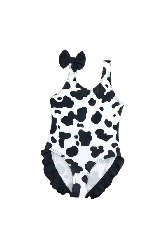 Girls Cow Print Ruffle One Piece Swimsuit Cute Bathing Suit, Sizes 9-12 Months
