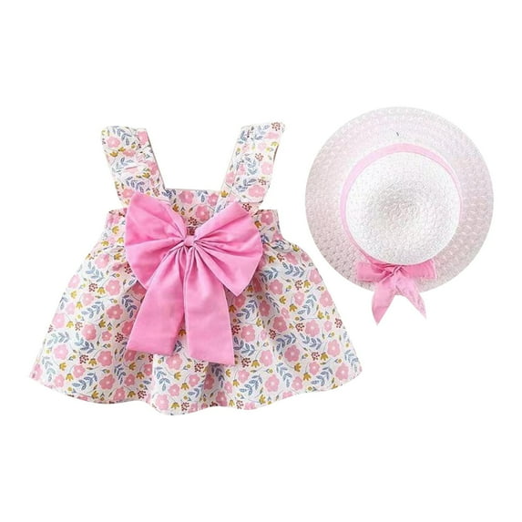 Tiijoy Infant Girls Floral Sleeveless Dress Summer Back Bow Swing Dress with Sun Hat, Sizes 18-24M