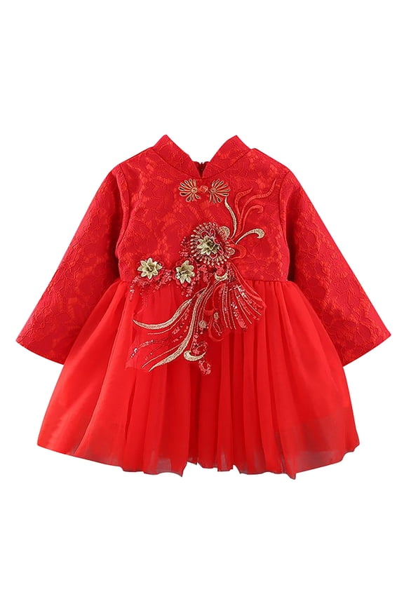 Infant Girls Flower Cheongsam Tutu Dress Long Sleeve Princess Dress, Sizes 12-18M