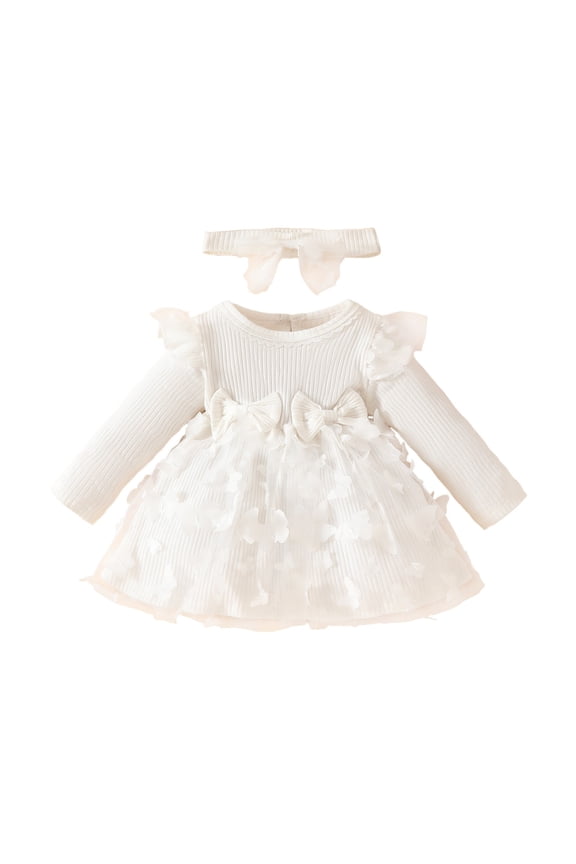 Infant Girls Long Sleeve Ribbed Romper Dress Birthday Princess Dress, Sizes 12-18M