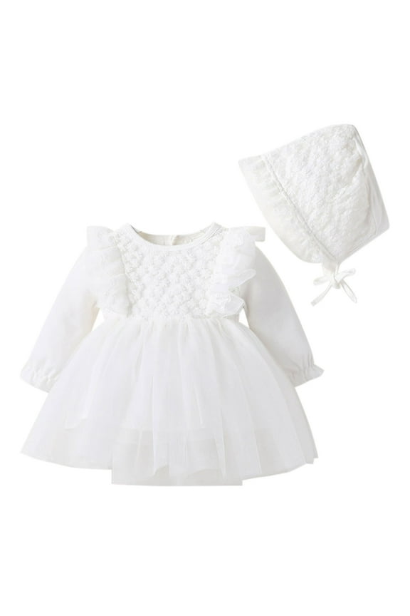 Girls Ruffle Long Puff Sleeve Tutu Dress Baby Princess Dress Baptism Gown, Sizes 12-18M