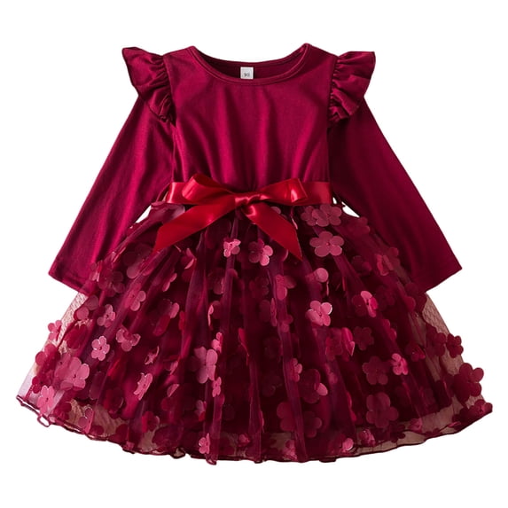 Tiijoy Infant Girls Ruffle Long Sleeve Dress 3D Flower Appliques Princess Dress, Sizes 18-24M