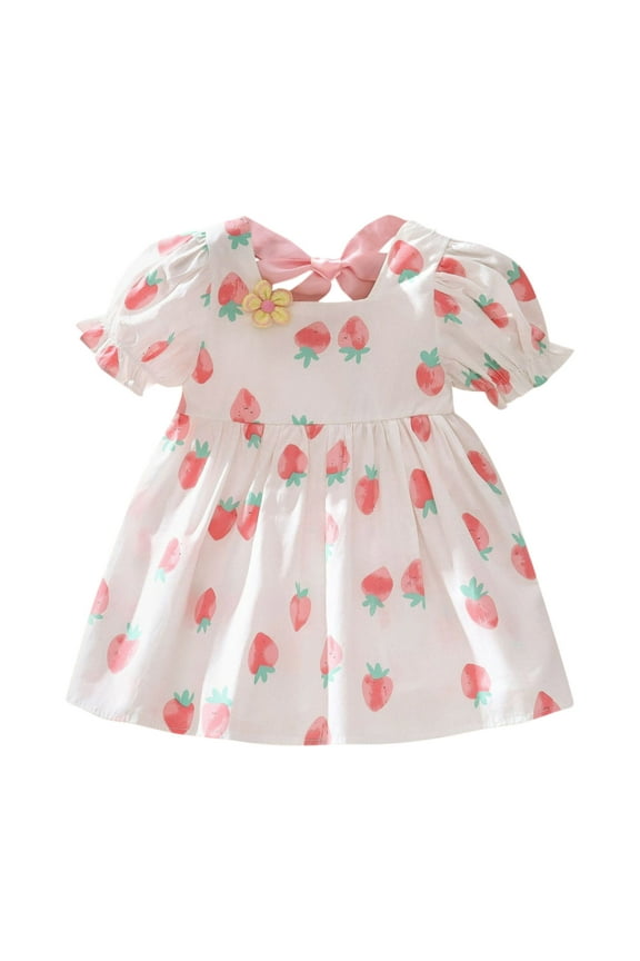 Infant Girls Strawberry Print Puff Sleeve Dress Summer Princess Dress, Sizes 9-12M