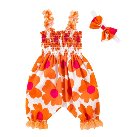 Tiijoy Infant Girls Summer Floral Sleeveless Smocked Romper with Headband, Sizes 9-12M